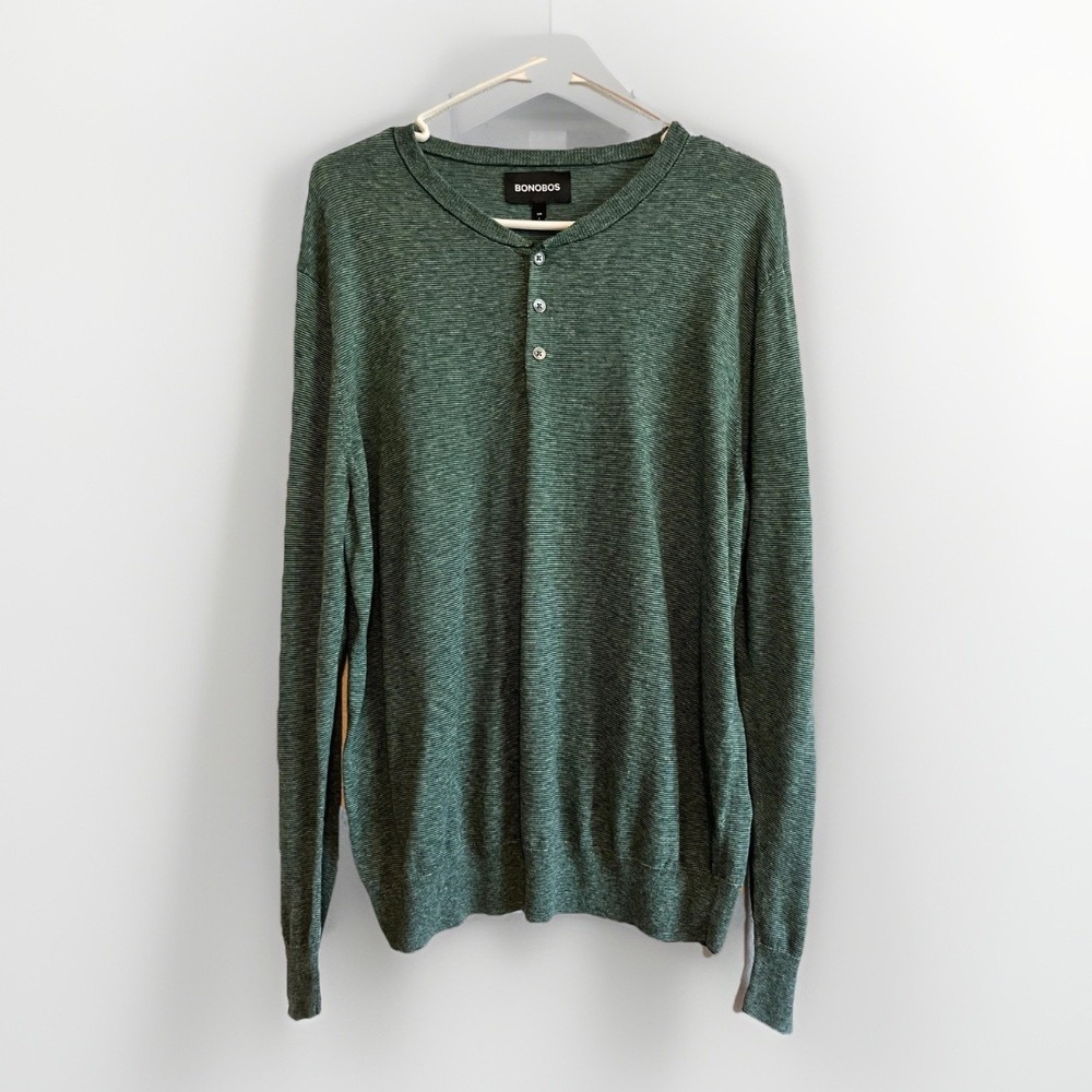 Bonobos Sweater Mens Large Slim Green Striped Lightweight Henley Knit‎ Pullover